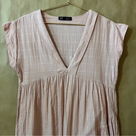 Zara | Asymmetrical Midi Dress Tiered Popover Deep V Neck Pink Metallic Size S - Picture 4 of 14